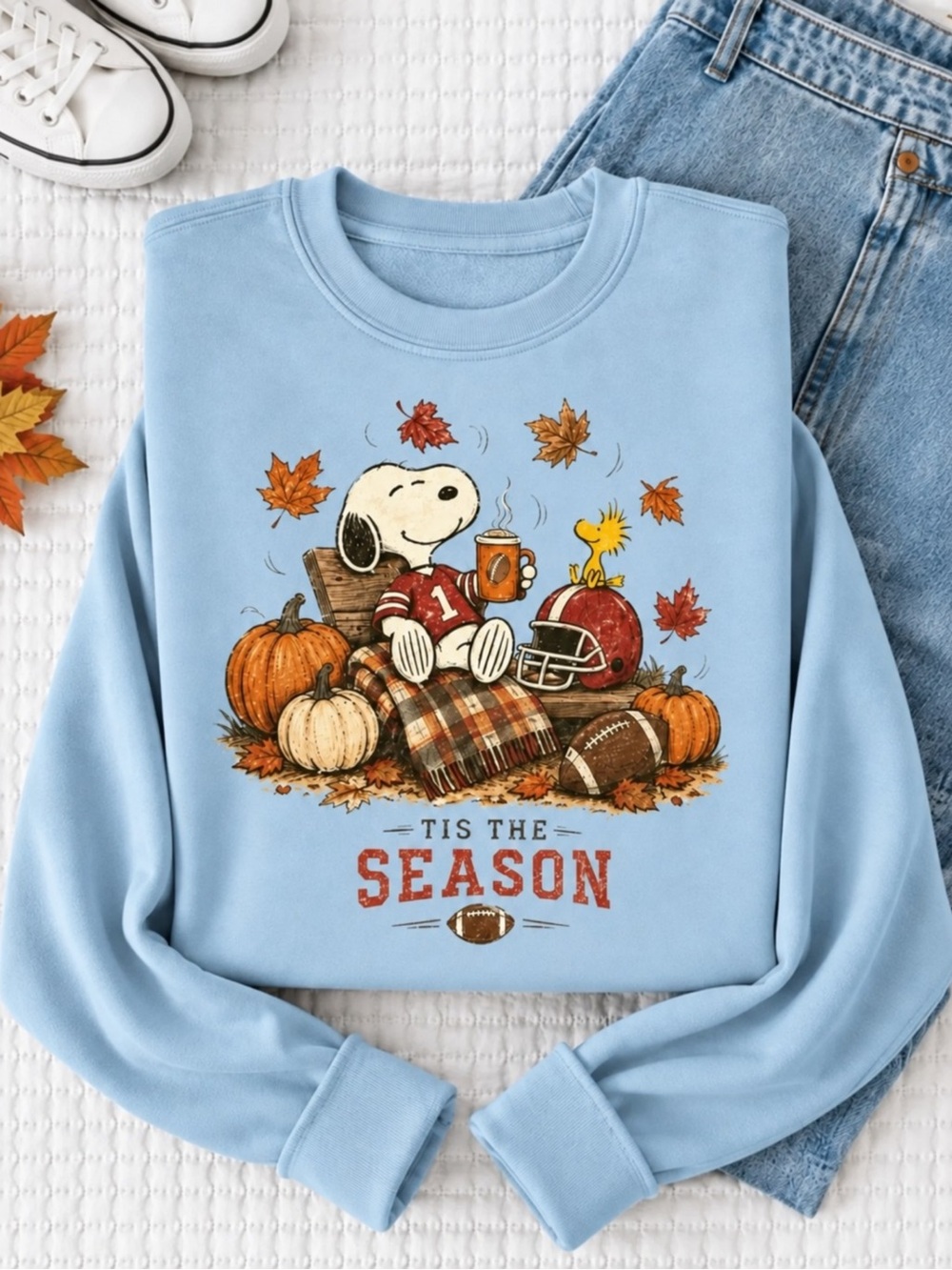 Snoopy Fall Football Season Graphic Sweatshirt Light Blue Unisex